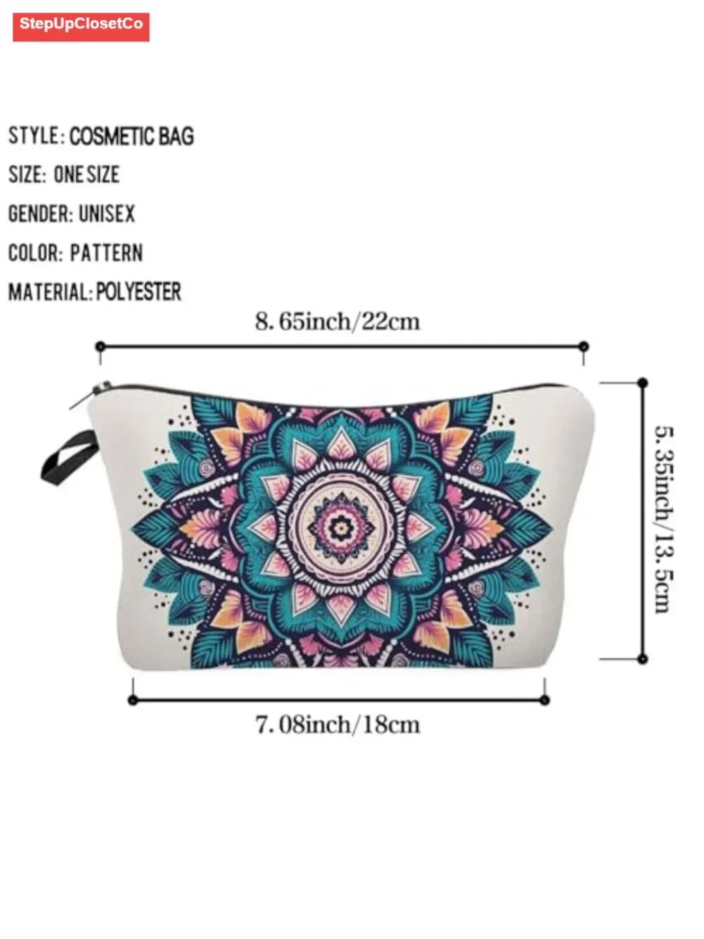 Floral Mandala Cosmetic Bag Padded Makeup Organizer Polyester Zipper Pouch